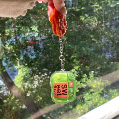 Yellow Chicken Nugget Airpods case with a textured surface - ChildAngle French Fries Chicken Nugget Hamburger Ketchup Sauces
