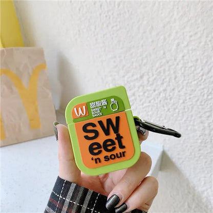 Yellow Chicken Nugget Airpods case with a textured surface - ChildAngle French Fries Chicken Nugget Hamburger Ketchup Sauces
