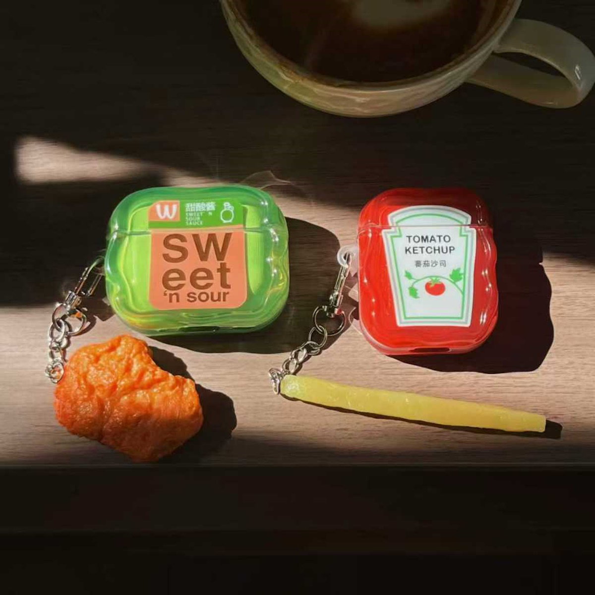 Yellow Chicken Nugget Airpods case with a textured surface - ChildAngle French Fries Chicken Nugget Hamburger Ketchup Sauces