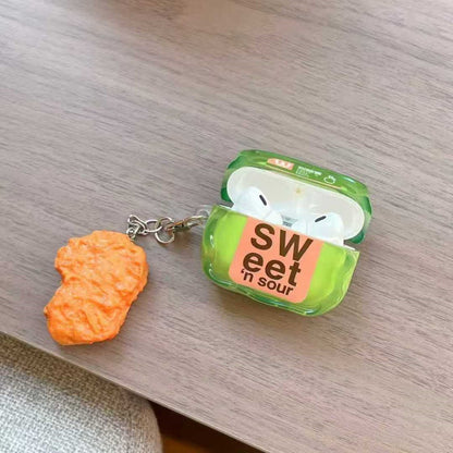 Yellow Chicken Nugget Airpods case with a textured surface - ChildAngle French Fries Chicken Nugget Hamburger Ketchup Sauces