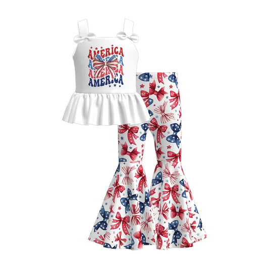 Children's 4th of July outfit with white top and red, white, and blue pants - ChildAngle