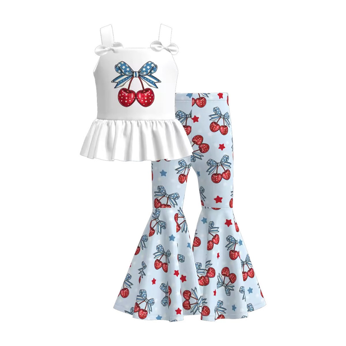 Children's outfit with white top and bell-bottom pants featuring cherry and Bow pattern 4th of July Outfits for Independence Day - ChildAngle
