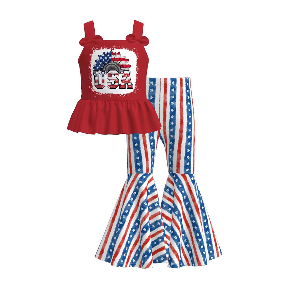 Red USA Patterned Tank Top 4th of July Outfits with Flared Pants - ChildAngle