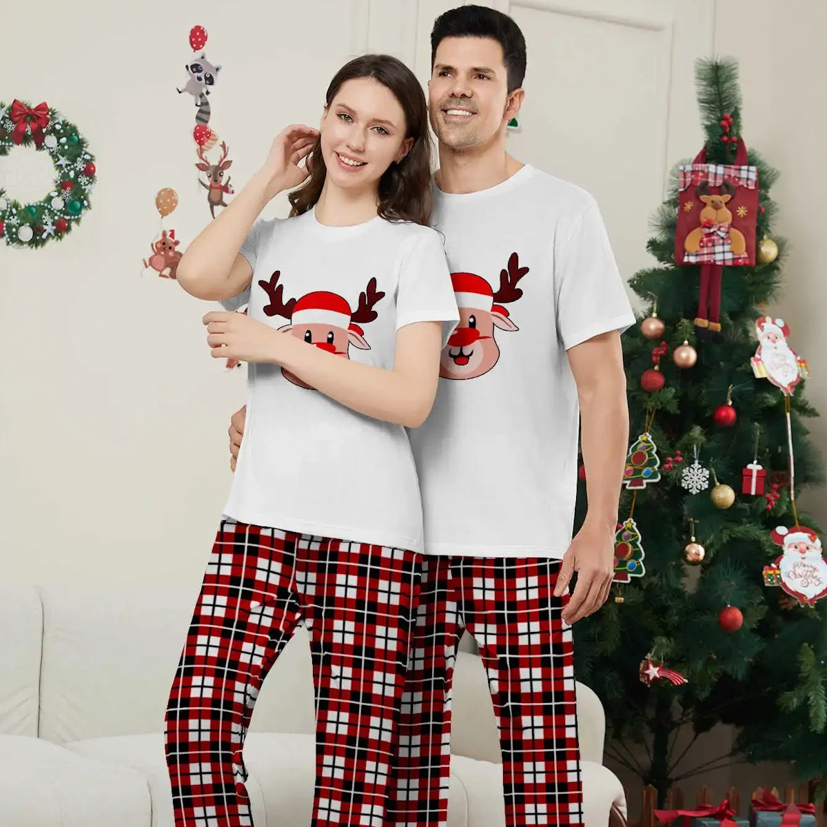 Short Sleeve Family Matching Pajama Set with Plaid Rudolph and Santa Hat Print - ChildAngle