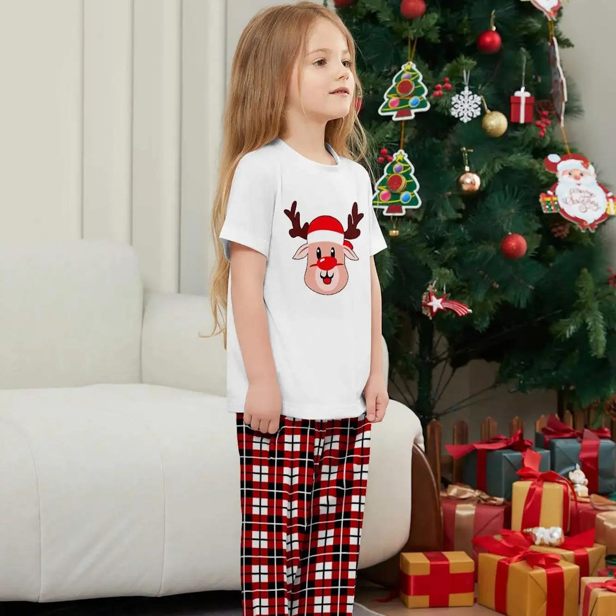 Short Sleeve Family Matching Pajama Set with Plaid Rudolph and Santa Hat Print - ChildAngle