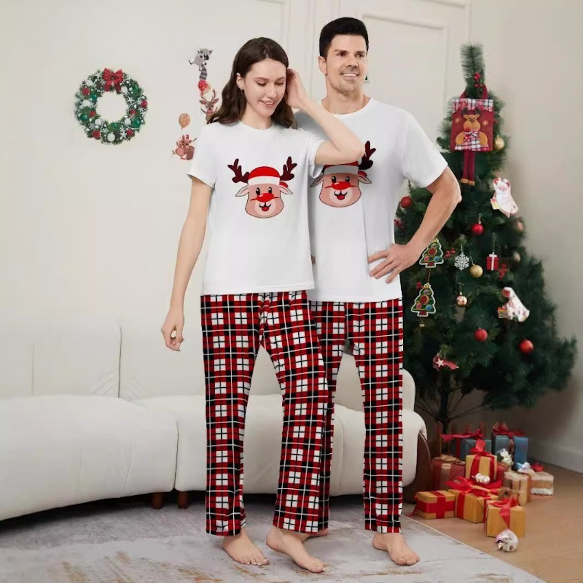 Short Sleeve Family Matching Pajama Set with Plaid Rudolph and Santa Hat Print - ChildAngle