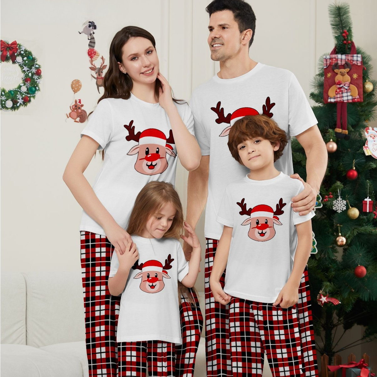 Short Sleeve Family Matching Pajama Set with Plaid Rudolph and Santa Hat Print - ChildAngle