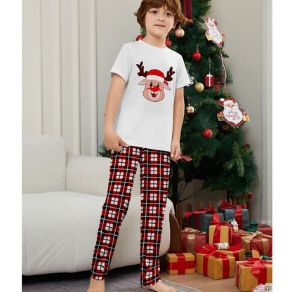 Short Sleeve Family Matching Pajama Set with Plaid Rudolph and Santa Hat Print - ChildAngle