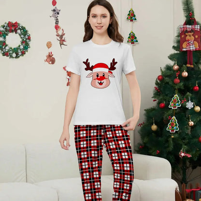 Short Sleeve Family Matching Pajama Set with Plaid Rudolph and Santa Hat Print - ChildAngle