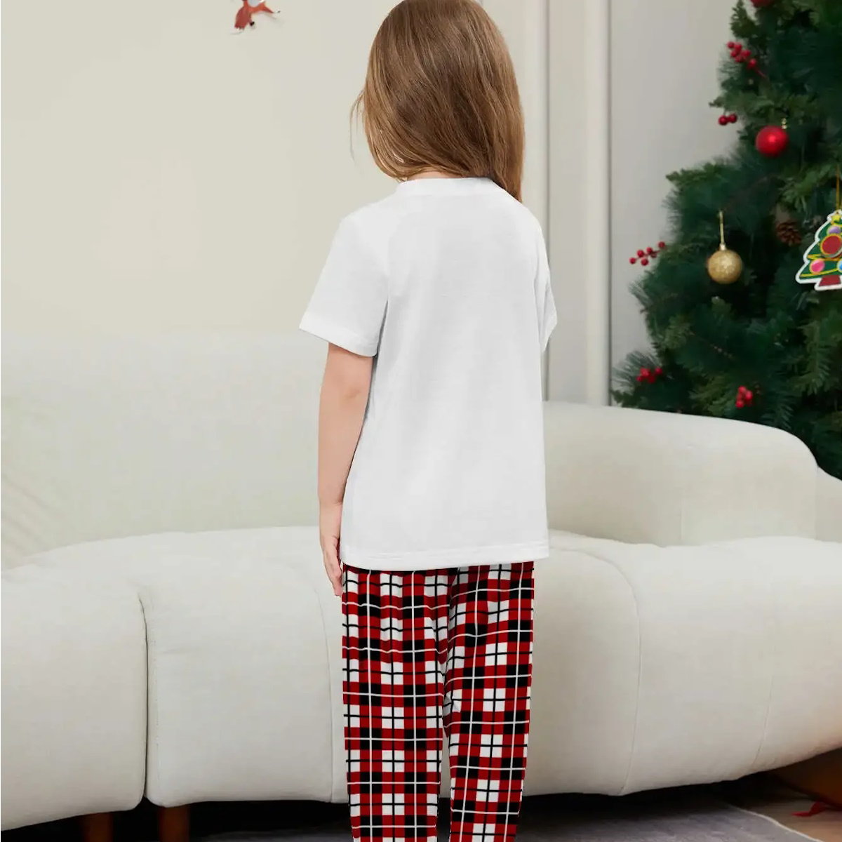 Short Sleeve Family Matching Pajama Set with Plaid Rudolph and Santa Hat Print - ChildAngle