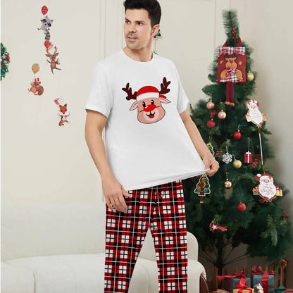 Short Sleeve Family Matching Pajama Set with Plaid Rudolph and Santa Hat Print - ChildAngle