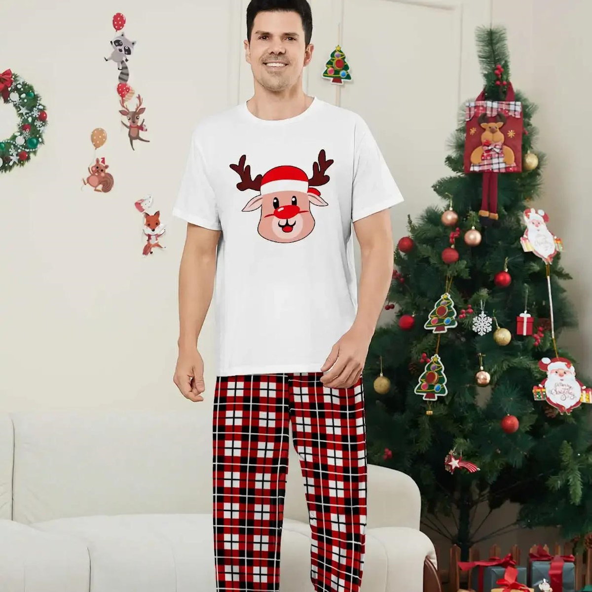Short Sleeve Family Matching Pajama Set with Plaid Rudolph and Santa Hat Print - ChildAngle