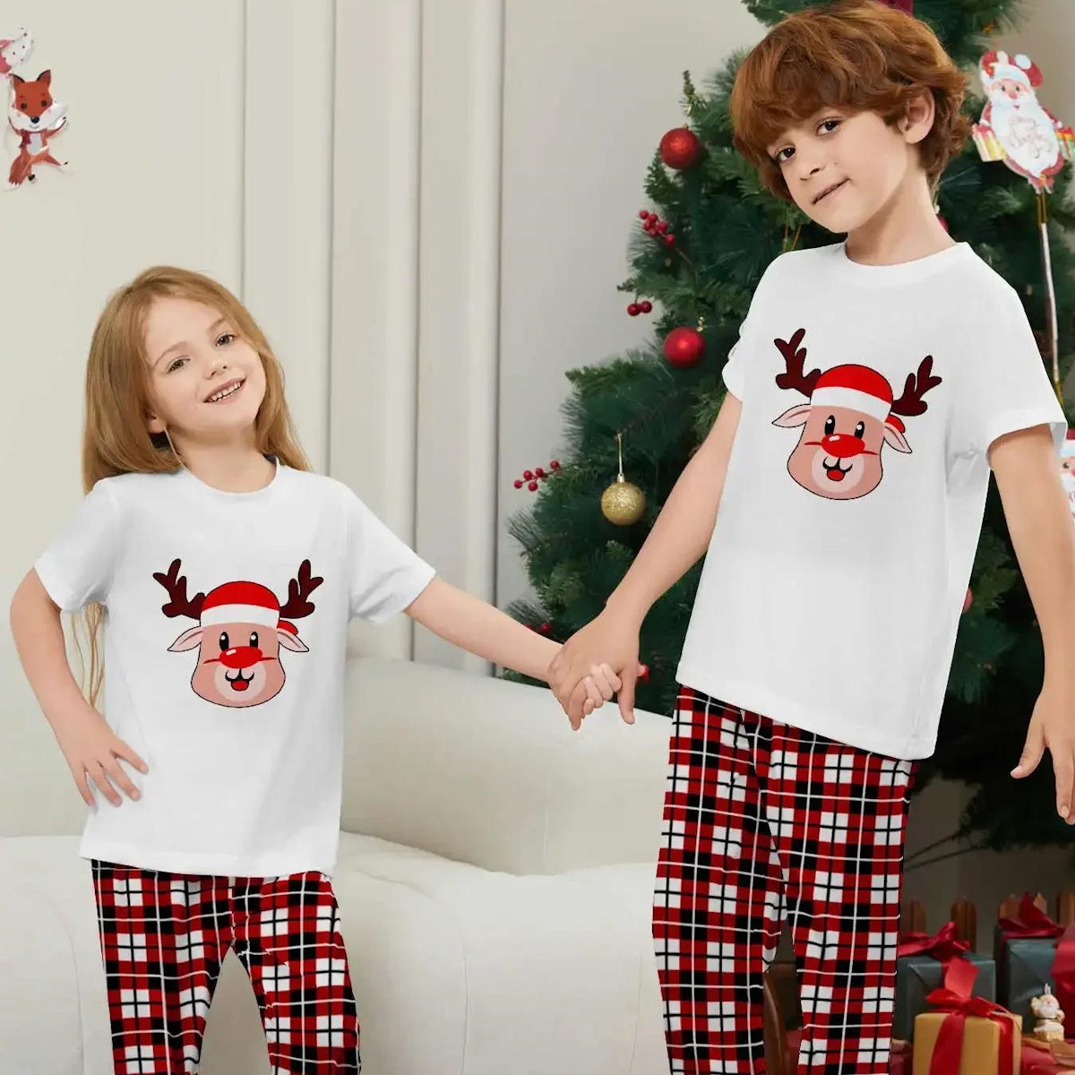Short Sleeve Family Matching Pajama Set with Plaid Rudolph and Santa Hat Print - ChildAngle