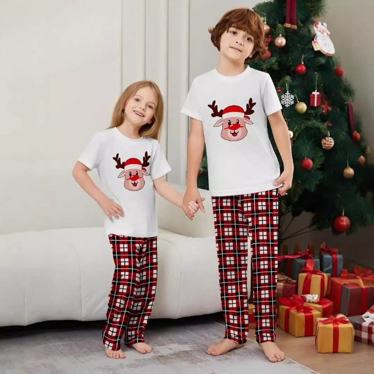 Short Sleeve Family Matching Pajama Set with Plaid Rudolph and Santa Hat Print - ChildAngle