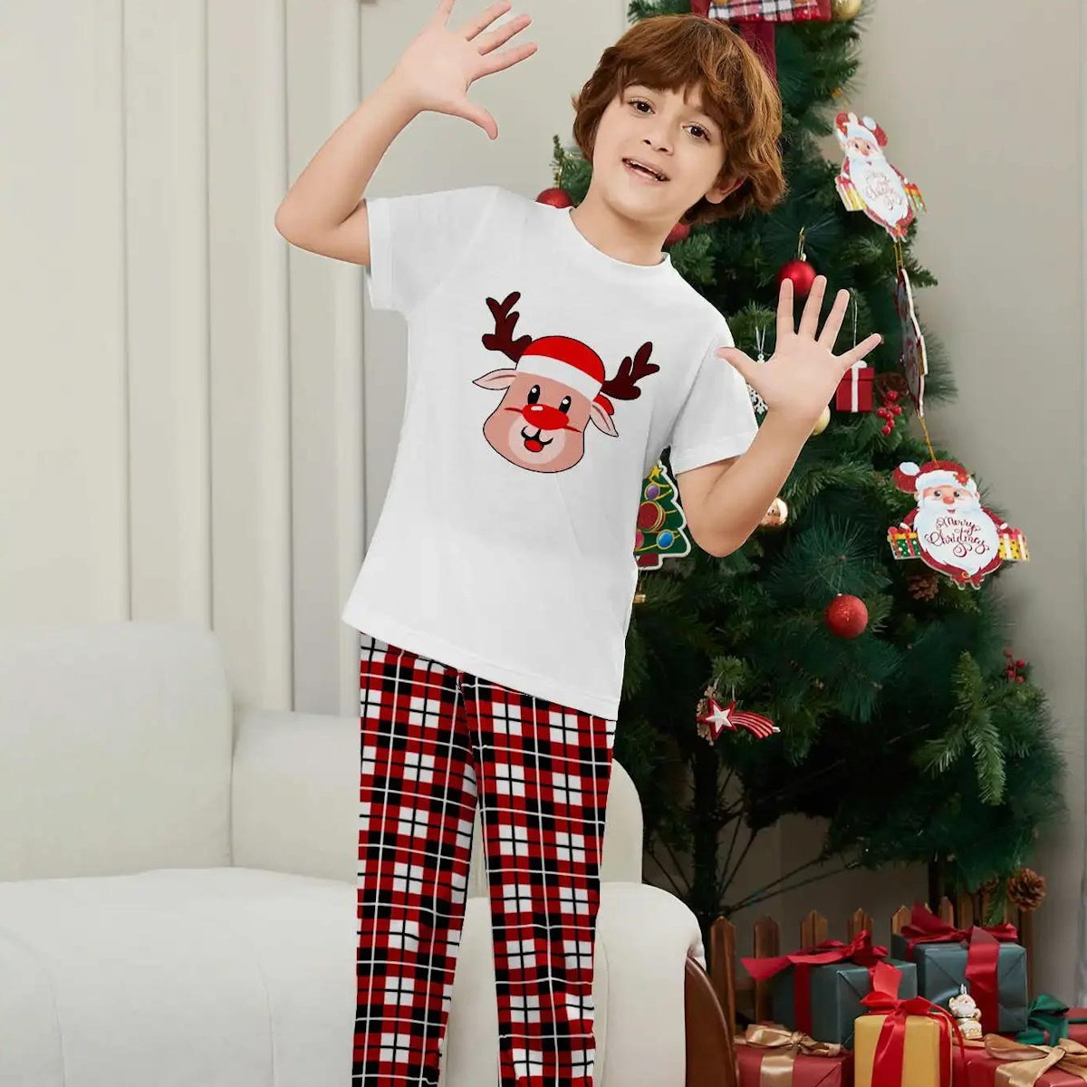 Short Sleeve Family Matching Pajama Set with Plaid Rudolph and Santa Hat Print - ChildAngle