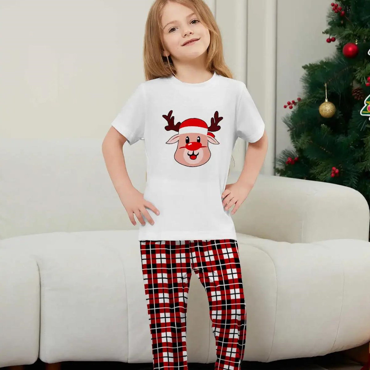 Short Sleeve Family Matching Pajama Set with Plaid Rudolph and Santa Hat Print - ChildAngle