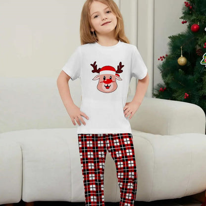 Short Sleeve Family Matching Pajama Set with Plaid Rudolph and Santa Hat Print - ChildAngle