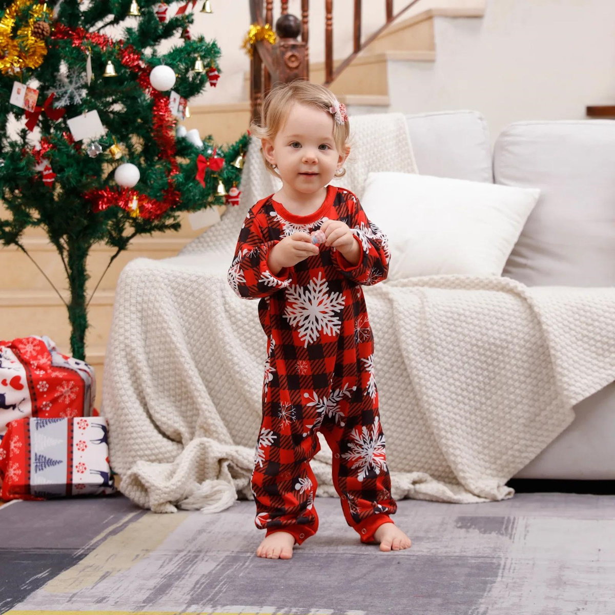 Snowflakes Short Sleeve Family Matching Christmas Pajama Set Christmas Tree Rudolph Reindeer Hat - ChildAngle