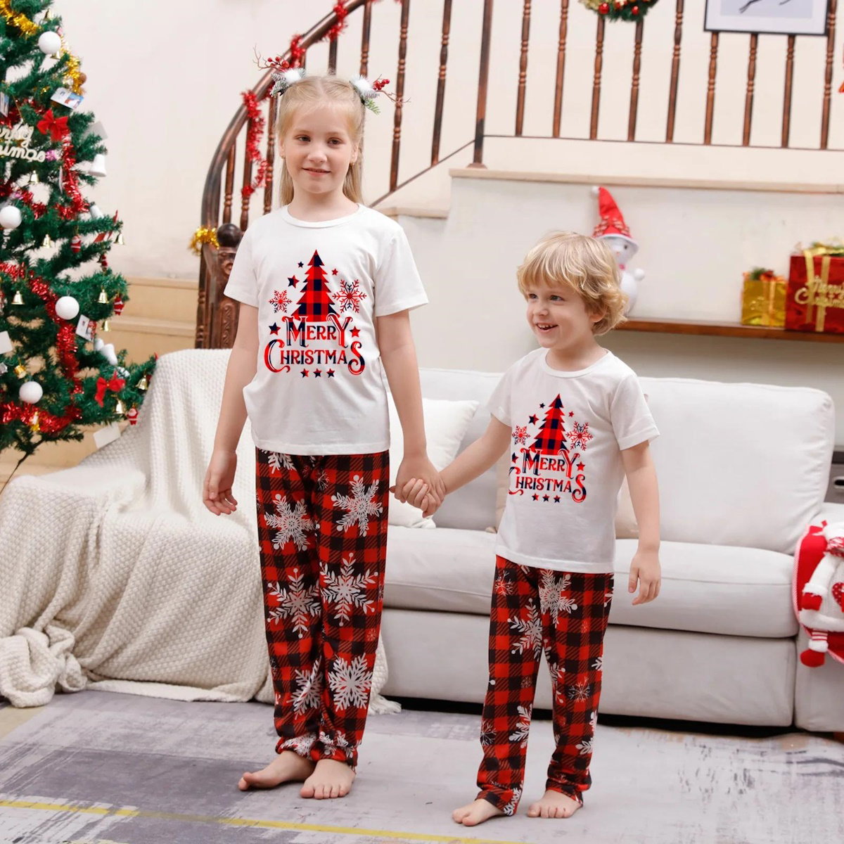 Snowflakes Short Sleeve Family Matching Christmas Pajama Set Christmas Tree Rudolph Reindeer Hat - ChildAngle
