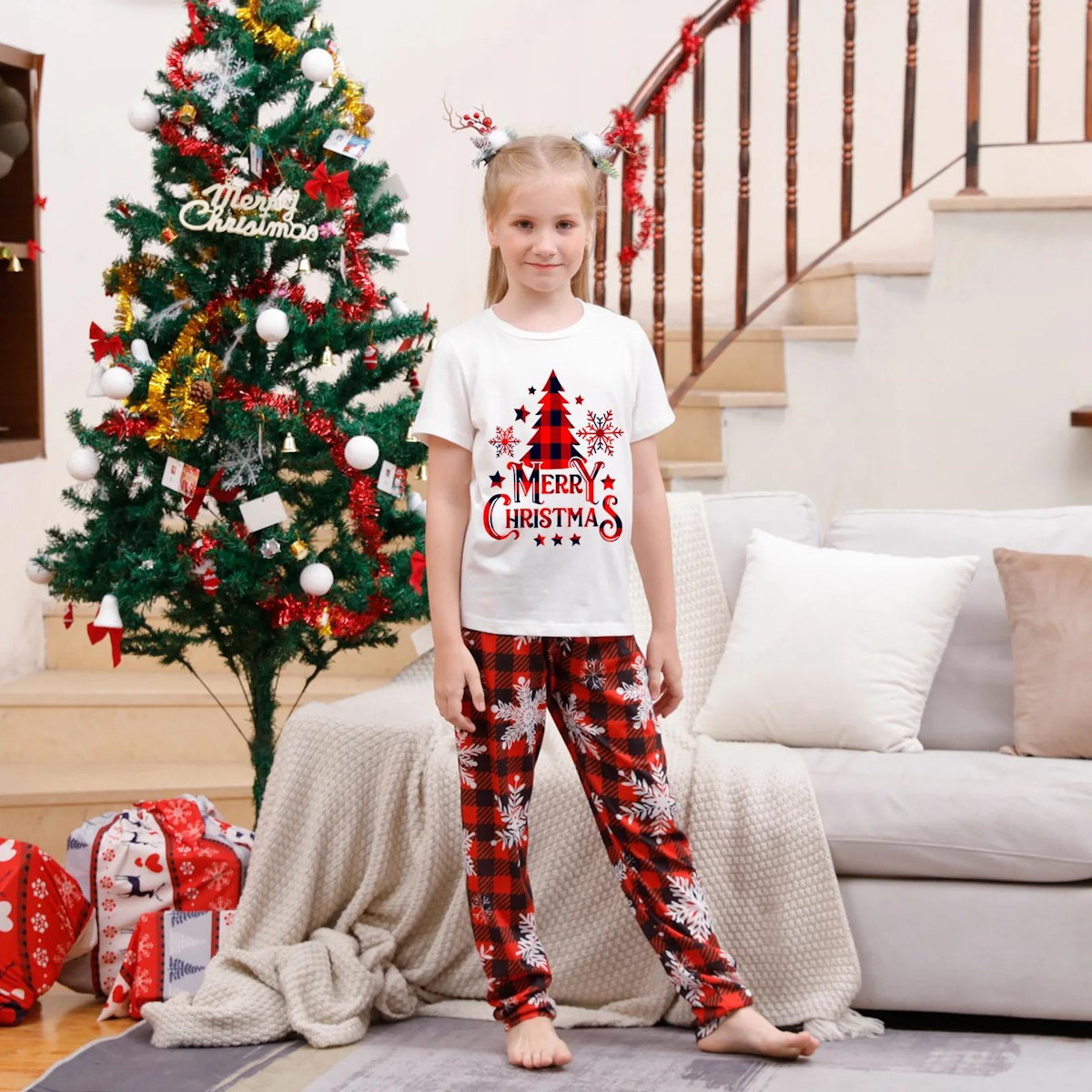 Snowflakes Short Sleeve Family Matching Christmas Pajama Set Christmas Tree Rudolph Reindeer Hat - ChildAngle