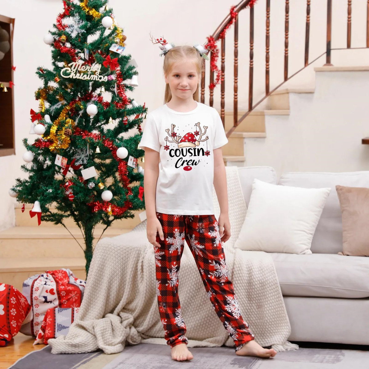 Snowflakes Short Sleeve Family Matching Christmas Pajama Set Christmas Tree Rudolph Reindeer Hat - ChildAngle