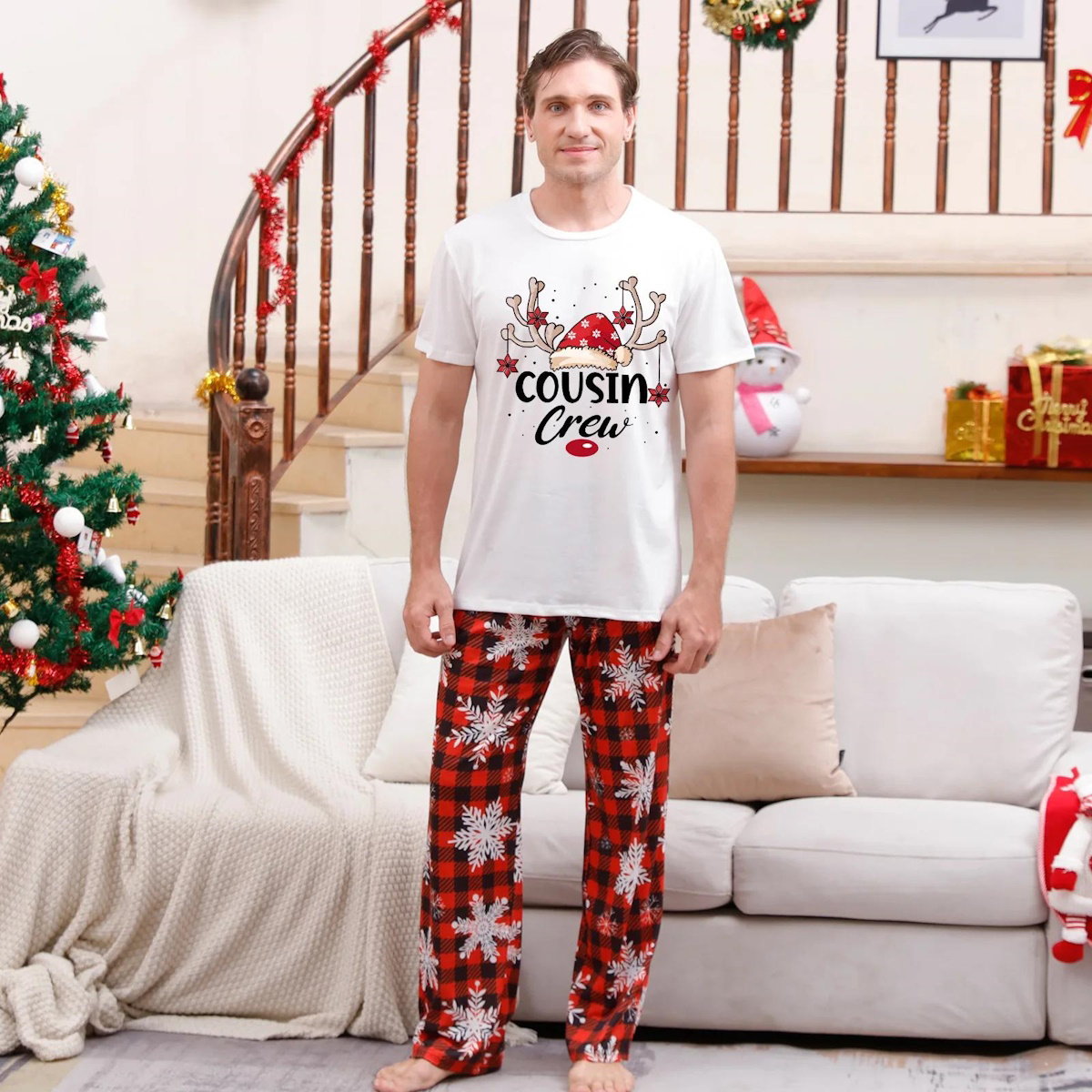 Snowflakes Short Sleeve Family Matching Christmas Pajama Set Christmas Tree Rudolph Reindeer Hat - ChildAngle