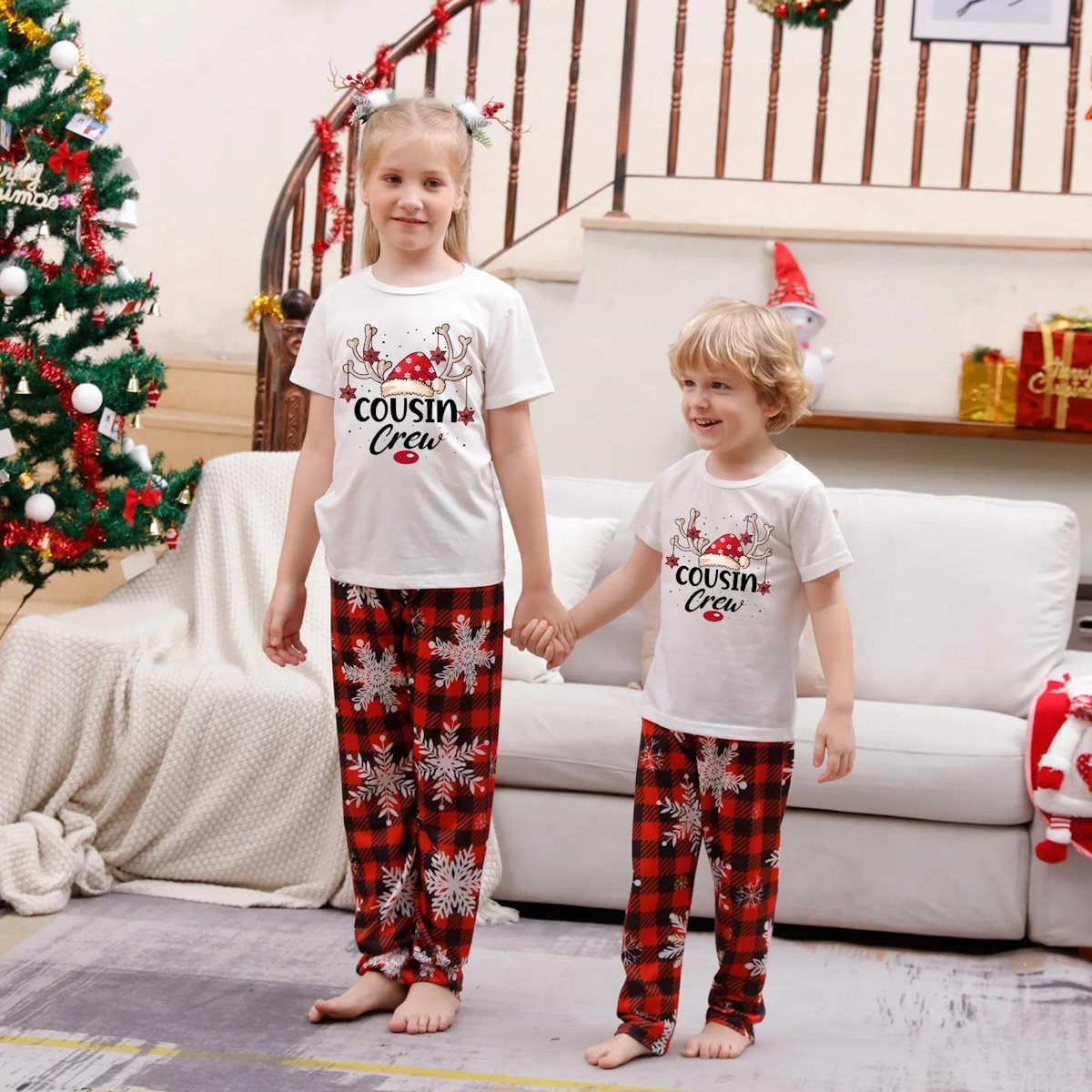 Snowflakes Short Sleeve Family Matching Christmas Pajama Set Christmas Tree Rudolph Reindeer Hat - ChildAngle