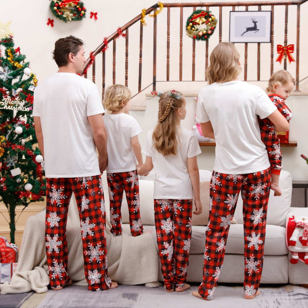 Snowflakes Short Sleeve Family Matching Christmas Pajama Set Christmas Tree Rudolph Reindeer Hat - ChildAngle