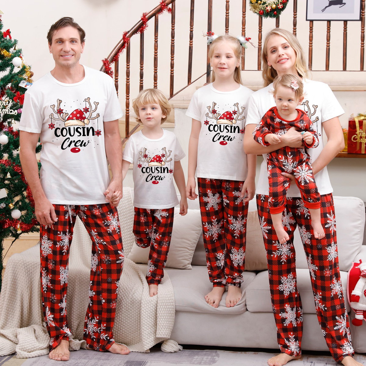 Snowflakes Short Sleeve Family Matching Christmas Pajama Set Christmas Tree Rudolph Reindeer Hat - ChildAngle