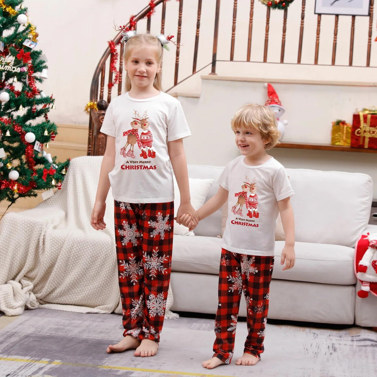 Snowflakes Short Sleeve Family Matching Christmas Pajama Set Christmas Tree Rudolph Reindeer Hat - ChildAngle