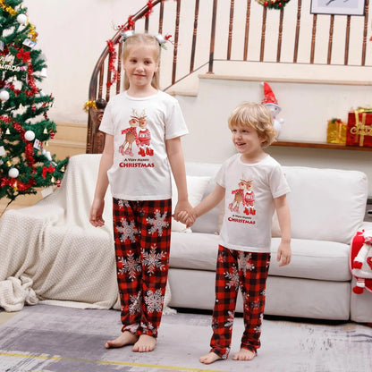 Snowflakes Short Sleeve Family Matching Christmas Pajama Set Christmas Tree Rudolph Reindeer Hat - ChildAngle