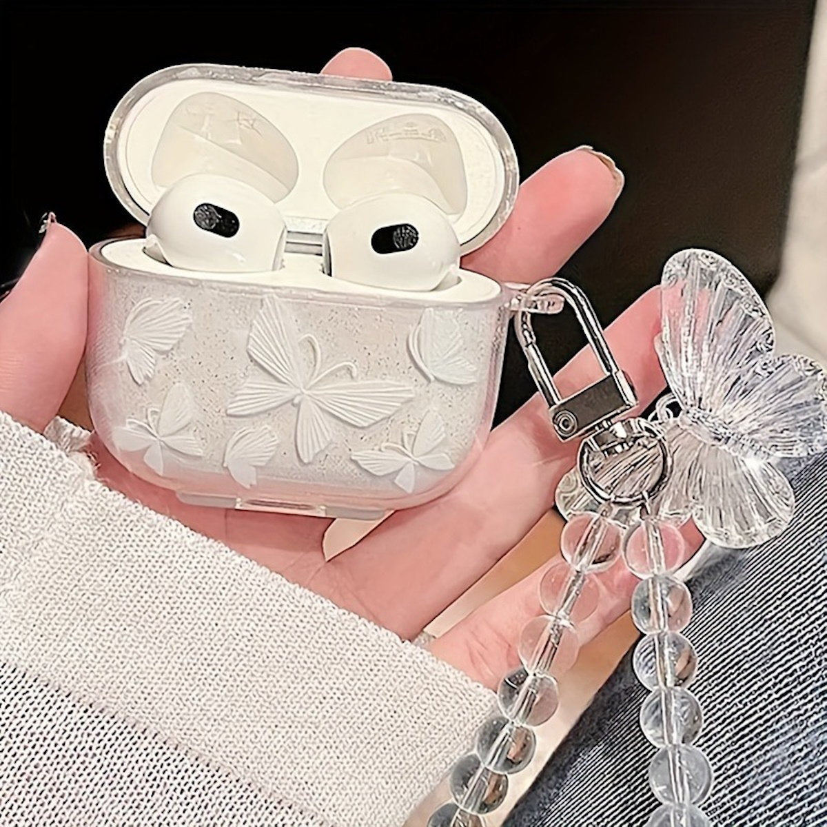 Clear Crystal Butterfly Style AirPods Case with Butterfly Pendant Bead Bracelets - ChildAngle
