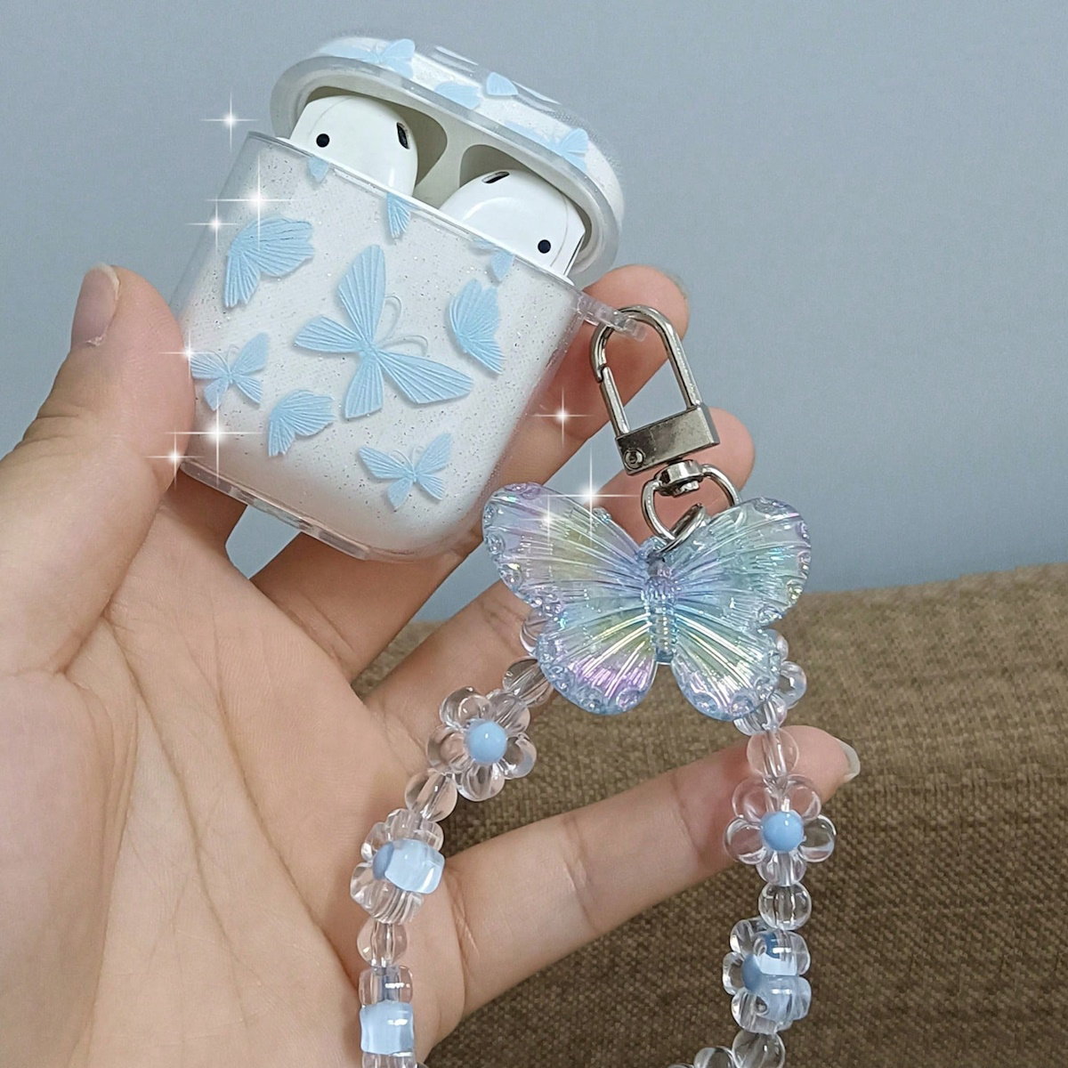 Clear Crystal Butterfly Style AirPods Case with Butterfly Pendant Bead Bracelets - ChildAngle