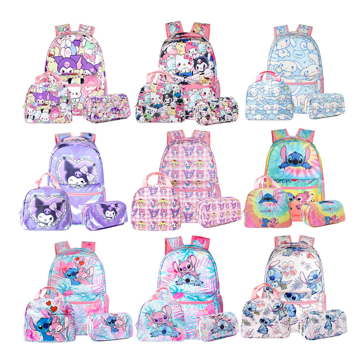 Roblox Stitch Sanrio Kuromi Hello Kitty Cinnamoroll 3PCS Cute Cartoon Backpack and Lunchbox Pencil Case Set for School - ChildAngle