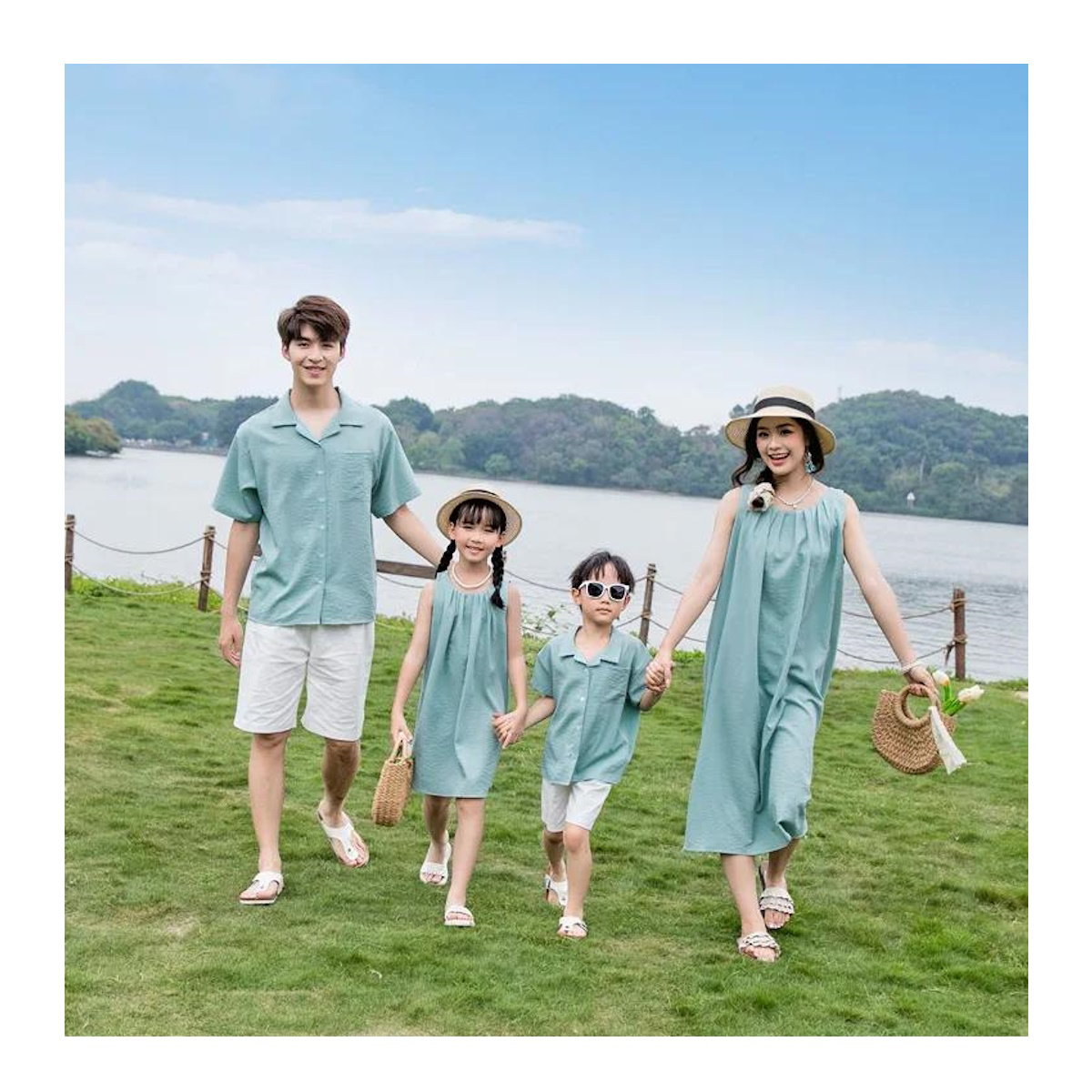 Family Matching Outfits Solid Color Green T-Shirts and Shorts with Sleeveless Halter Neck Dress - ChildAngle