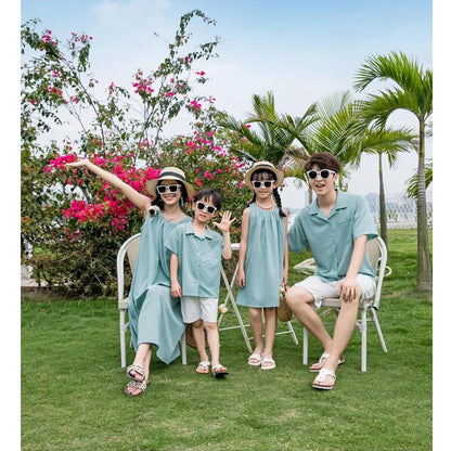 Family Matching Outfits Solid Color Green T-Shirts and Shorts with Sleeveless Halter Neck Dress - ChildAngle