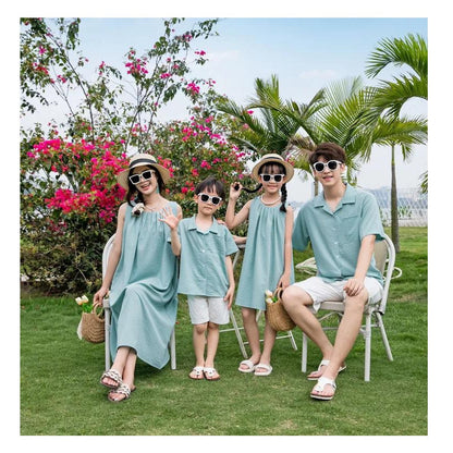 Family Matching Outfits Solid Color Green T-Shirts and Shorts with Sleeveless Halter Neck Dress - ChildAngle