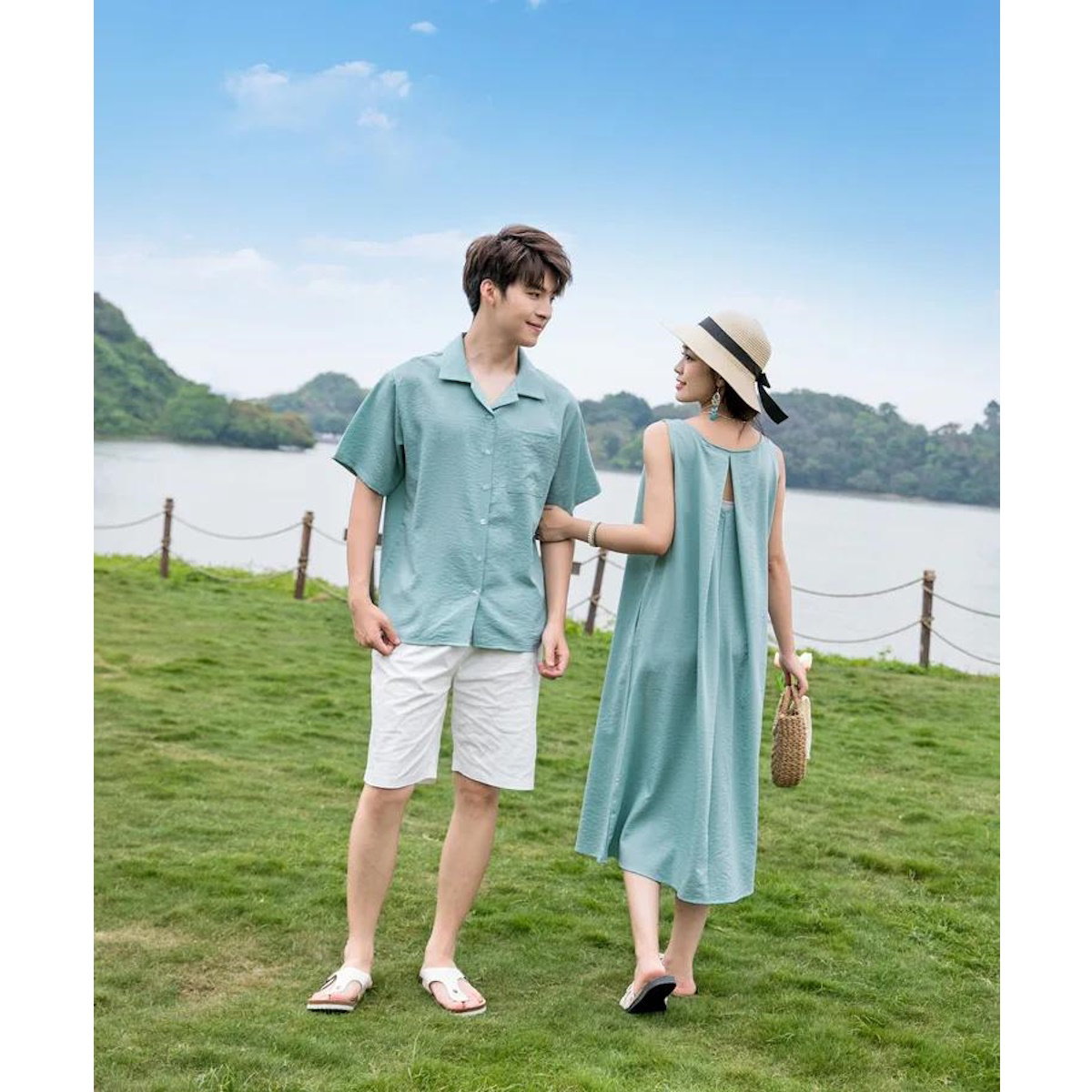 Family Matching Outfits Solid Color Green T-Shirts and Shorts with Sleeveless Halter Neck Dress - ChildAngle