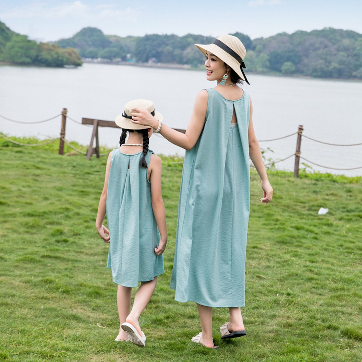 Family Matching Outfits Solid Color Green T-Shirts and Shorts with Sleeveless Halter Neck Dress - ChildAngle