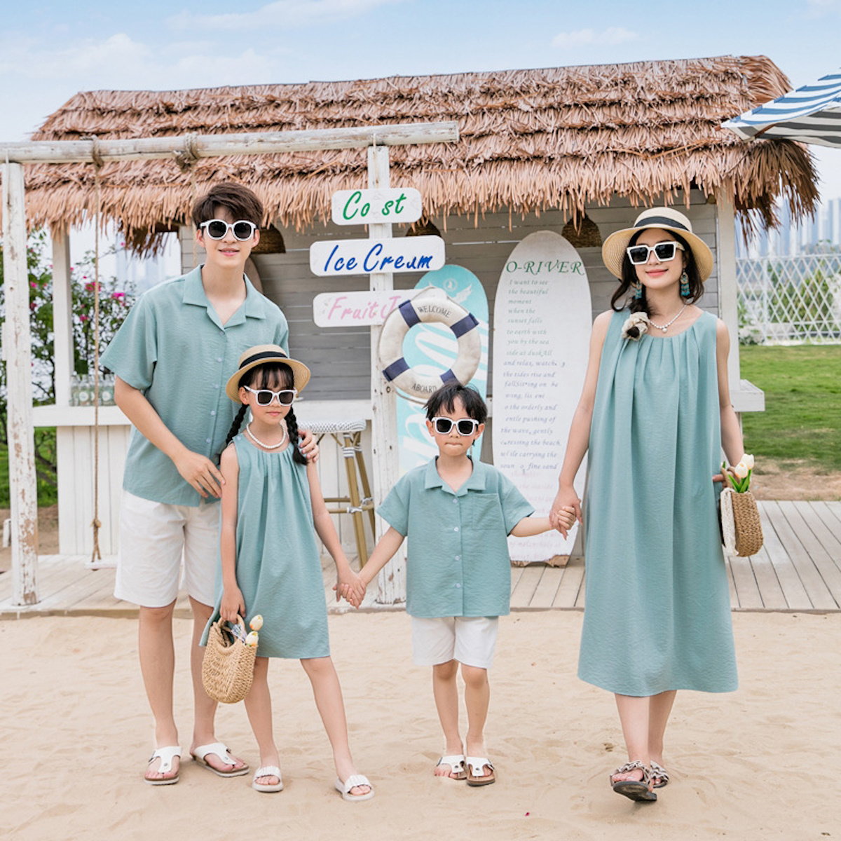 Family Matching Outfits Solid Color Green T-Shirts and Shorts with Sleeveless Halter Neck Dress - ChildAngle