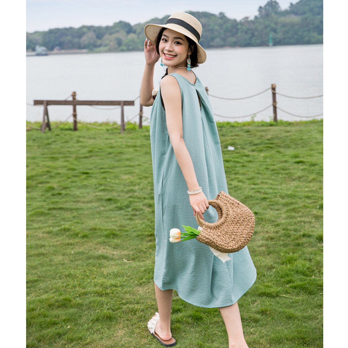 Family Matching Outfits Solid Color Green T-Shirts and Shorts with Sleeveless Halter Neck Dress - ChildAngle