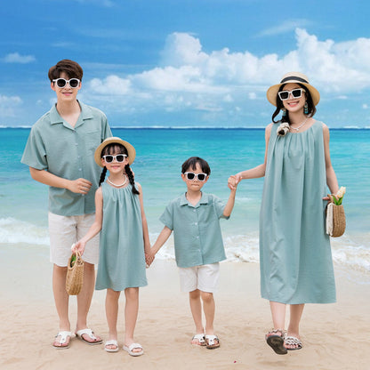 Family Matching Outfits Solid Color Green T-Shirts and Shorts with Sleeveless Halter Neck Dress - ChildAngle