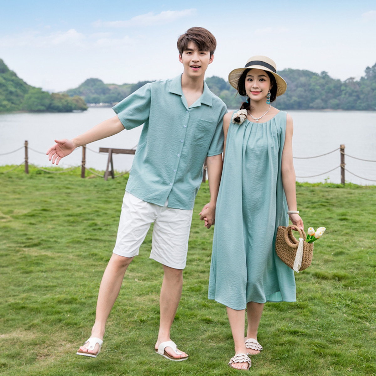 Family Matching Outfits Solid Color Green T-Shirts and Shorts with Sleeveless Halter Neck Dress - ChildAngle
