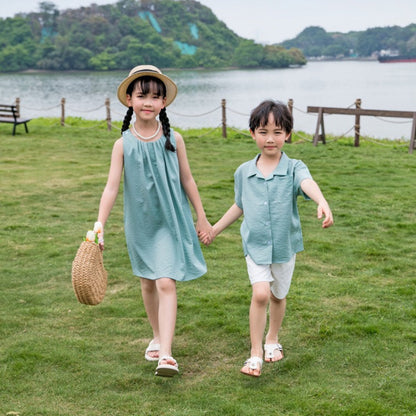 Family Matching Outfits Solid Color Green T-Shirts and Shorts with Sleeveless Halter Neck Dress - ChildAngle