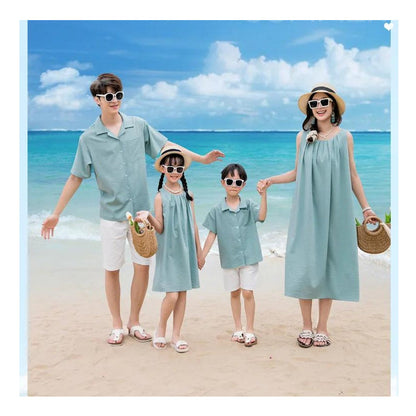 Family Matching Outfits Solid Color Green T-Shirts and Shorts with Sleeveless Halter Neck Dress - ChildAngle