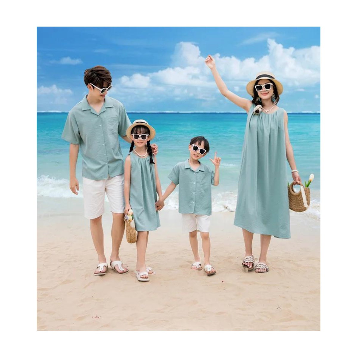 Family Matching Outfits Solid Color Green T-Shirts and Shorts with Sleeveless Halter Neck Dress - ChildAngle