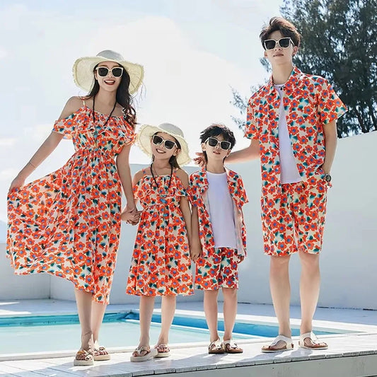 Off-Shoulder Flower Print Family Matching Dress White Shirts and Flower Print Shirts Shorts - ChildAngle Family Matching Swimsuits for Beach