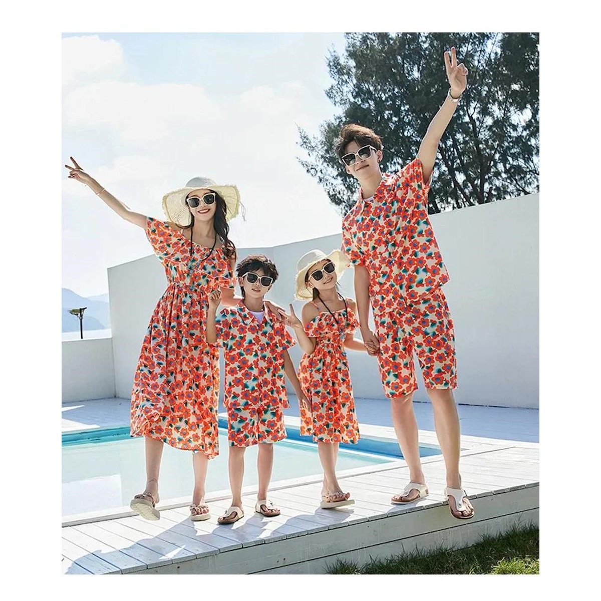 Off-Shoulder Flower Print Family Matching Dress White Shirts and Flower Print Shirts Shorts - ChildAngle Family Matching Swimsuits for Beach