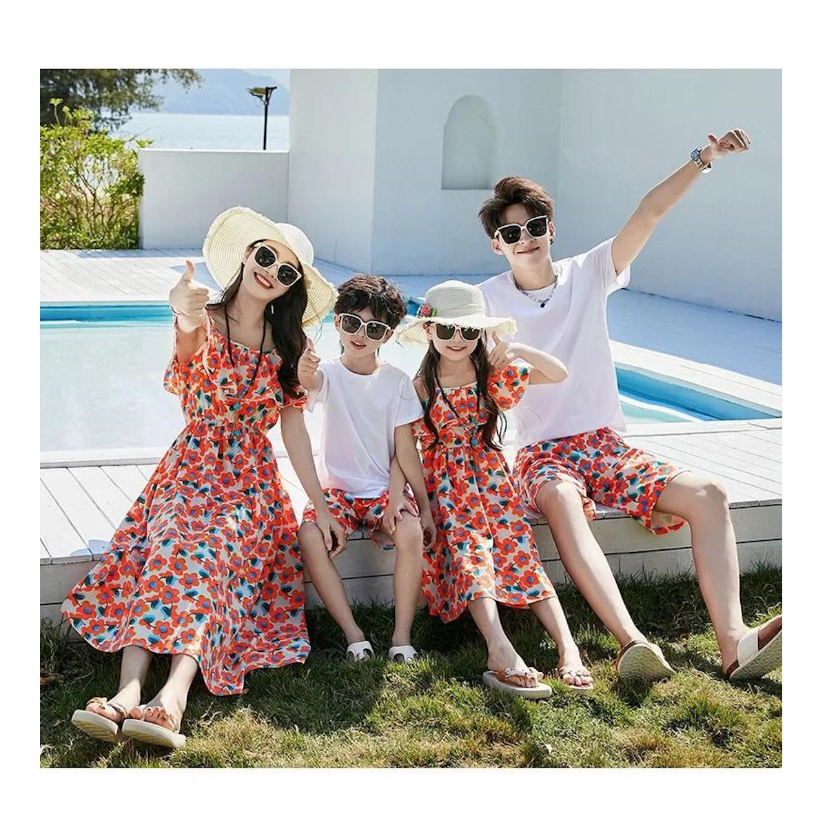 Off-Shoulder Flower Print Family Matching Dress White Shirts and Flower Print Shirts Shorts - ChildAngle Family Matching Swimsuits for Beach