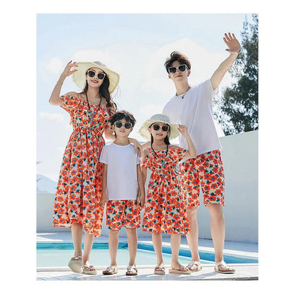 Off-Shoulder Flower Print Family Matching Dress White Shirts and Flower Print Shirts Shorts - ChildAngle Family Matching Swimsuits for Beach